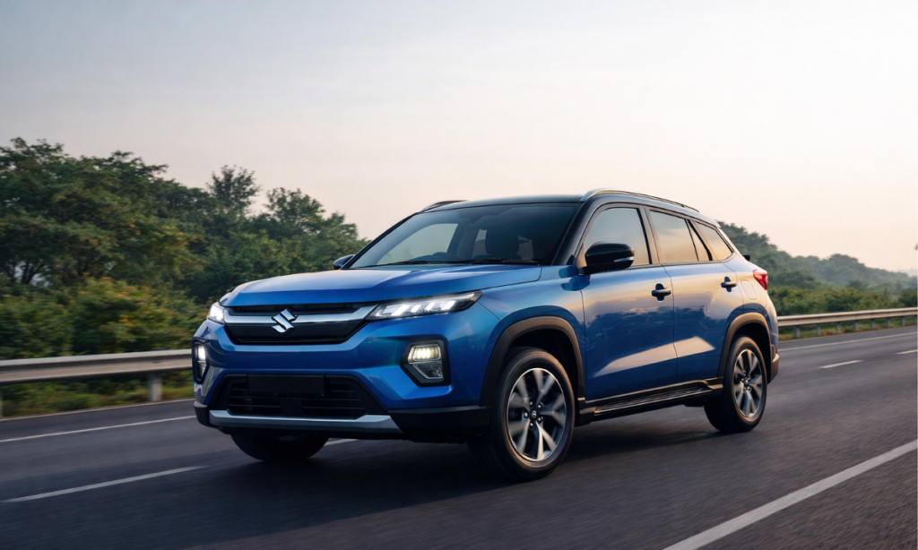 Maruti e-vitara electric SUV on India highway 