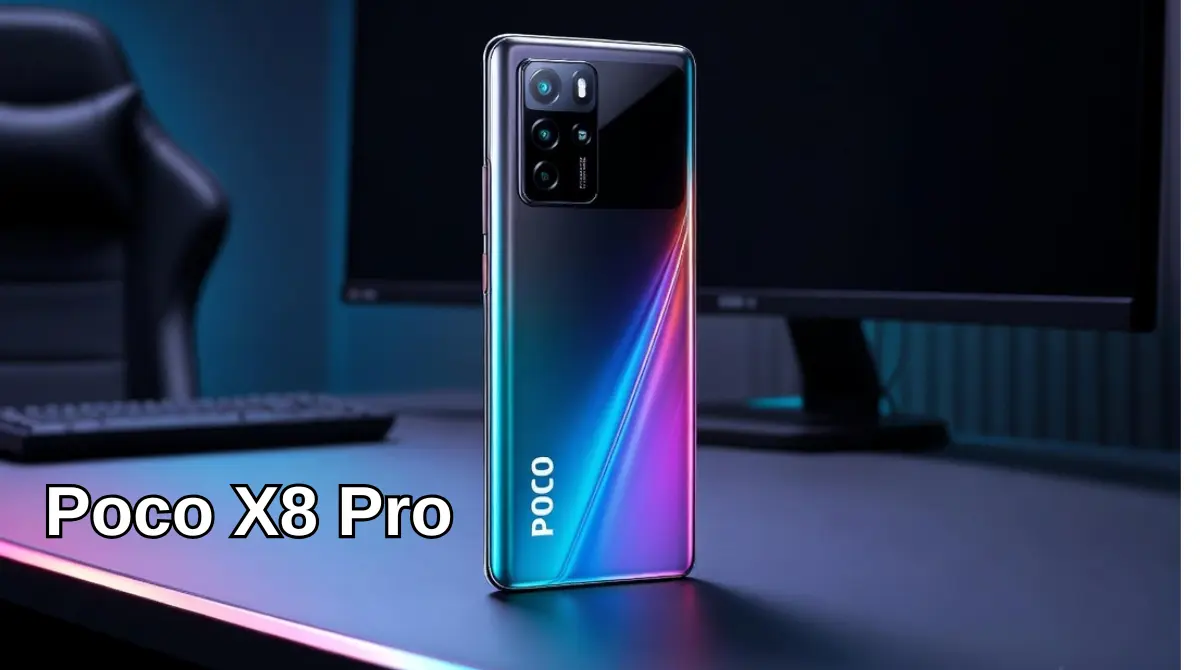 Poco X8 Pro smartphone in a premium dark setup