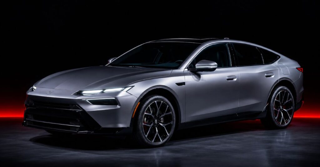 Honda Hybrid Sedan Futuristic silver electric sedan concept showcased in studio lighting”