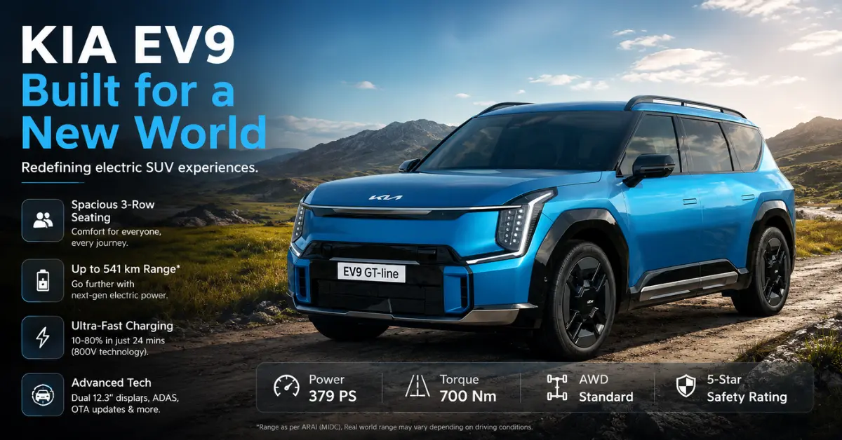 Kia EV9 luxury electric SUV with futuristic design and premium LED lighting ahead of India launch