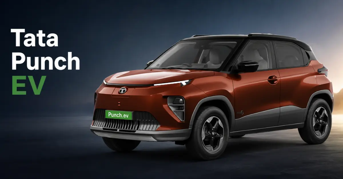 Tata Punch EV 2026 base variant electric SUV parked on Indian road with modern design and LED DRLs