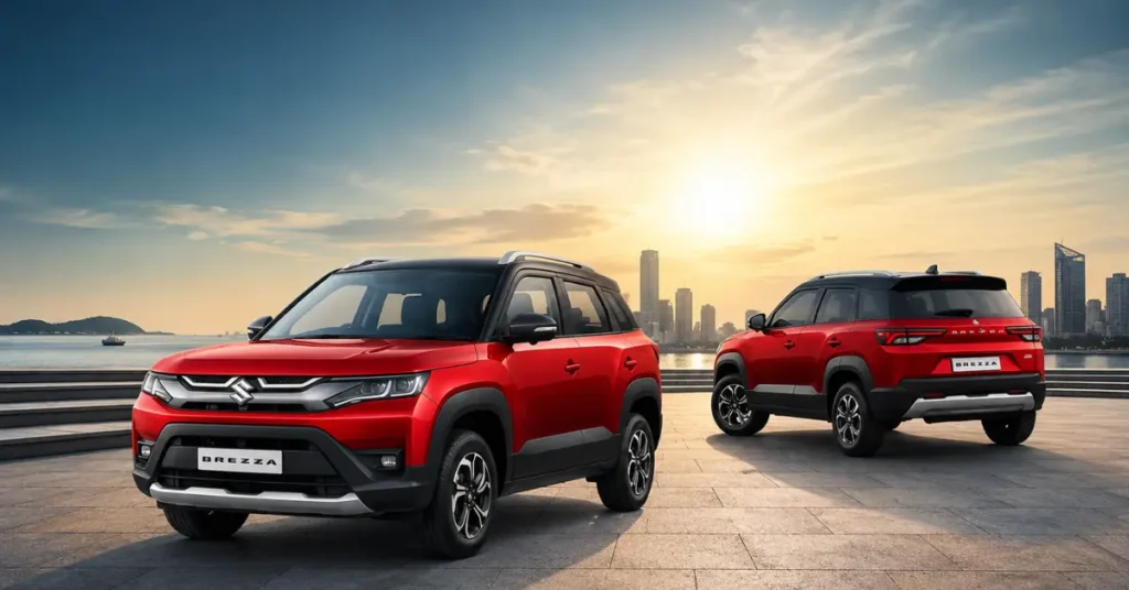 Maruti suzuki brezza 2026 Alt Text “Red Maruti Suzuki Brezza SUV parked near waterfront city skyline during sunset with modern compact SUV styling”