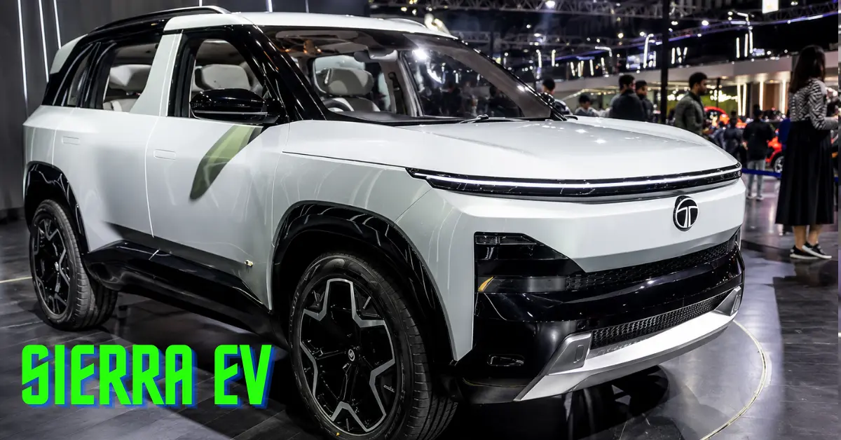 Tata Sierra EV displayed at an auto expo with futuristic SUV design