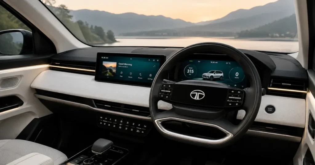 Tata Sierra EV premium interior with dual digital screens and modern dashboard