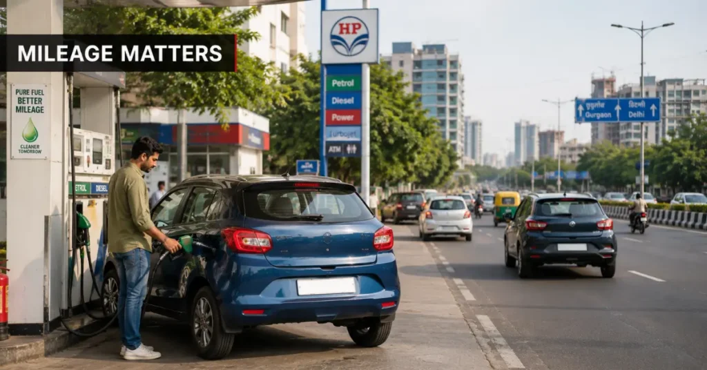 5-seater family car at an Indian fuel station showing daily running cost